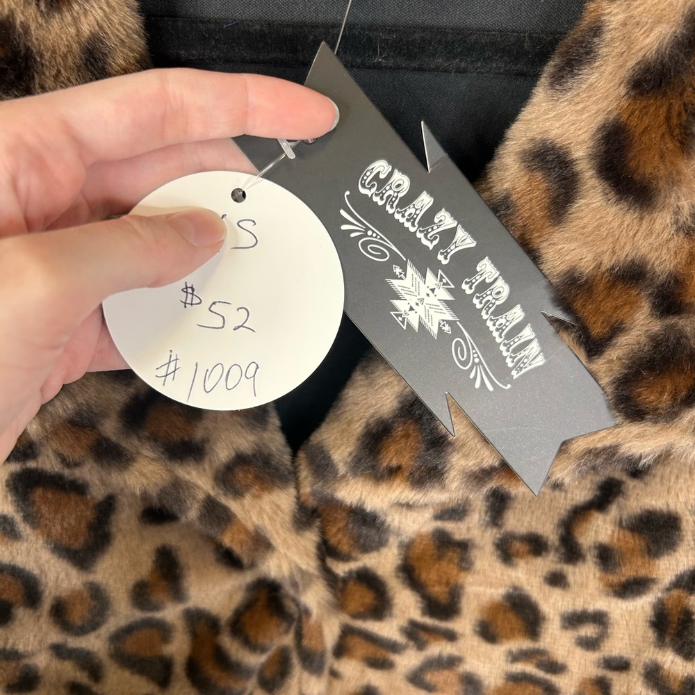 Crazy Train Leopard Print Leather Faux Fur Bomber Jacket Brown and Black New - Picture 11 of 11